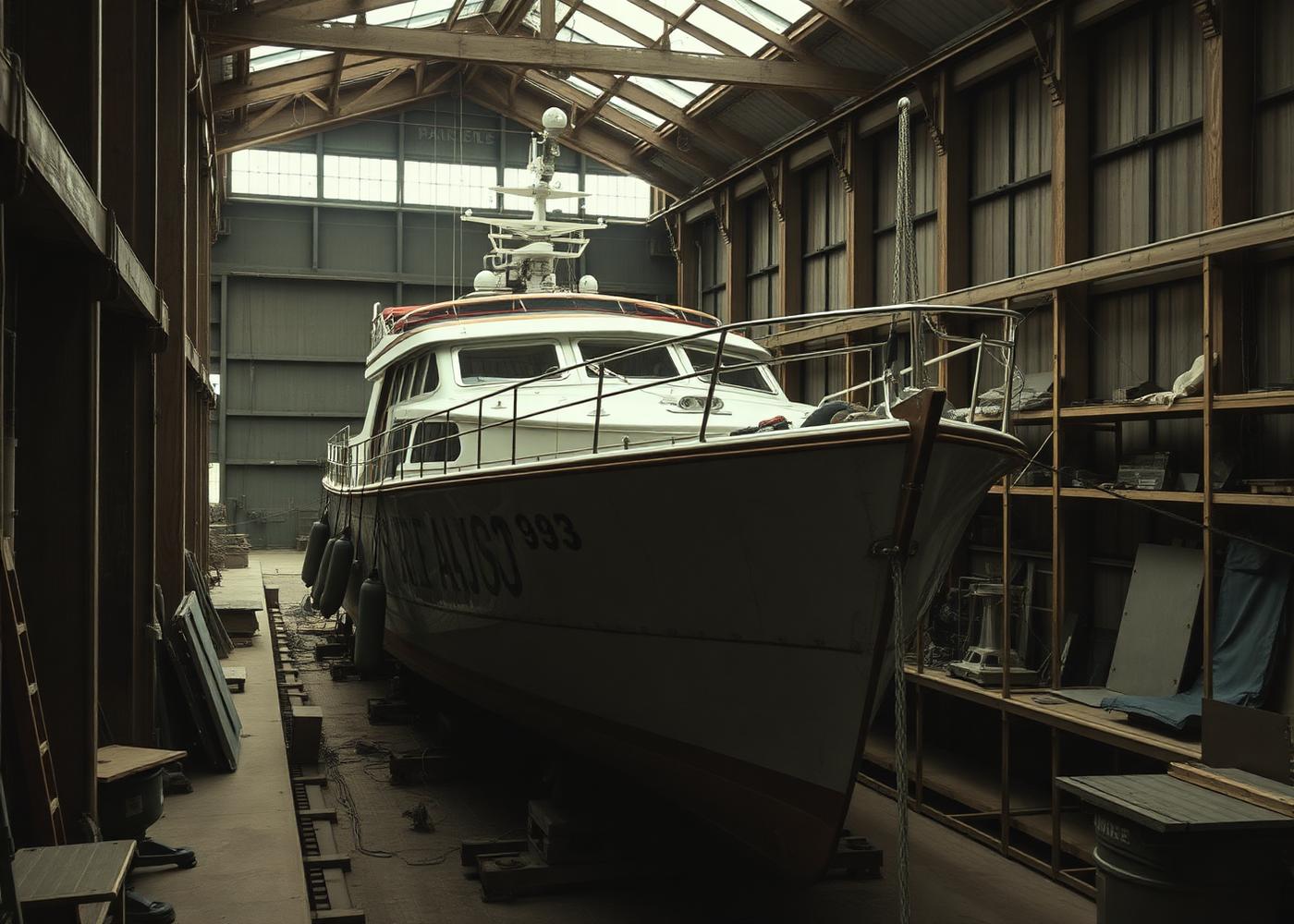 A classic motor yacht under restoration inside a covered shipyard shed